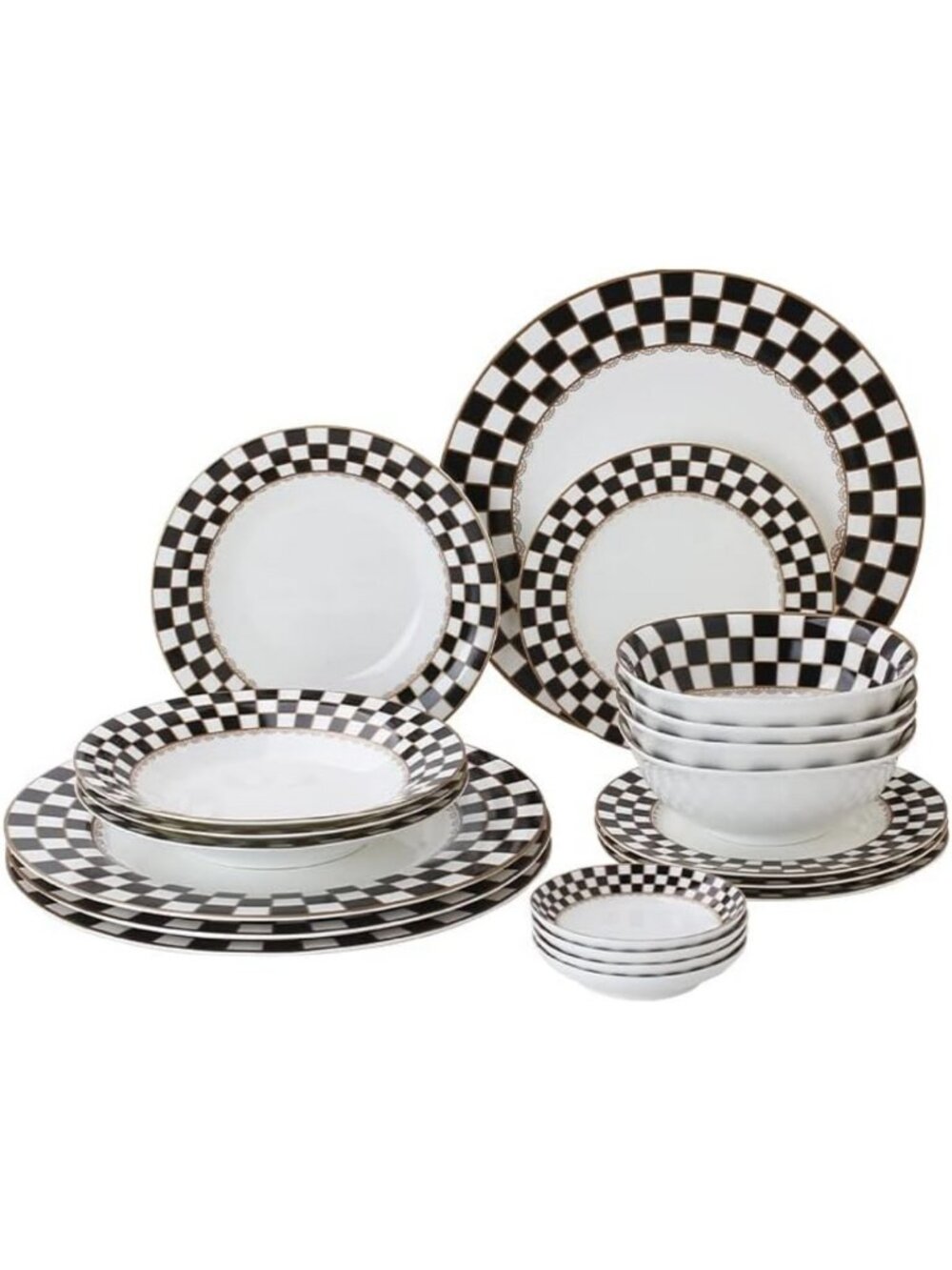 20-Piece Checker Pattern Round Dinnerware Set for 4 - Elegant Porcelain Dining